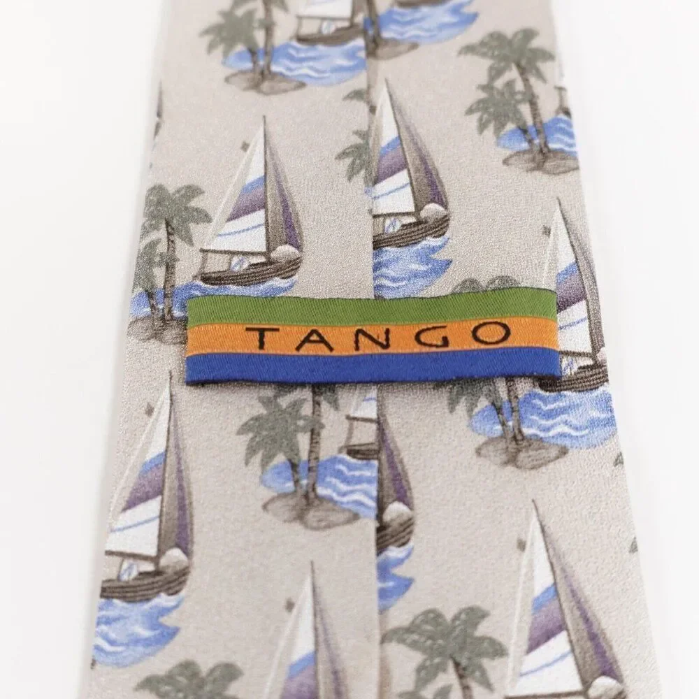 Tango Sand Beige Geometric‎ Novelty Island Sailboat Print Silk Tie